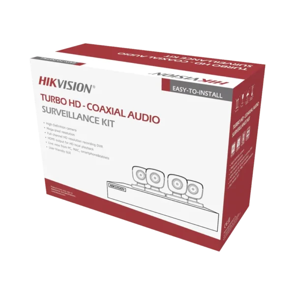 KIT de 4 cámaras HIKVISION TURBOHD 5 Megapíxeles / DVR 4 Canales / 4 Cámaras Bala con Micrófono Integrado (exterior 2.8 mm) / Fuente de Poder / Accesorios de Instalación