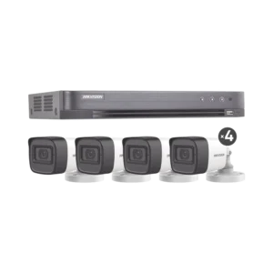 KIT de 4 cámaras HIKVISION TURBOHD 5 Megapíxeles / DVR 4 Canales / 4 Cámaras Bala con Micrófono Integrado (exterior 2.8 mm) / Fuente de Poder / Accesorios de Instalación