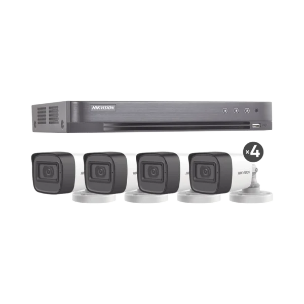 KIT de 4 cámaras HIKVISION TURBOHD 5 Megapíxeles / DVR 4 Canales / 4 Cámaras Bala con Micrófono Integrado (exterior 2.8 mm) / Fuente de Poder / Accesorios de Instalación