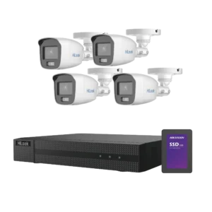 Kit TurboHD HILOOK 1080p + SSD 500 GB / DVR 4 Canales / 4 Cámaras Bala ColorVu con Micrófono Integrado / Fuente de Poder / Accesorios de Instalación - HL-1080-CV/A/512GB - HL-1080-CV/A/512GB