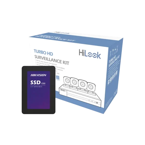 KIT de 4 cámaras HILOOK TurboHD 1080p + SSD de 1 TB (1024 GB) / DVR 4 canales / 4 Cámaras Bala de Metal / Fuente de Poder / Accesorios de Instalación