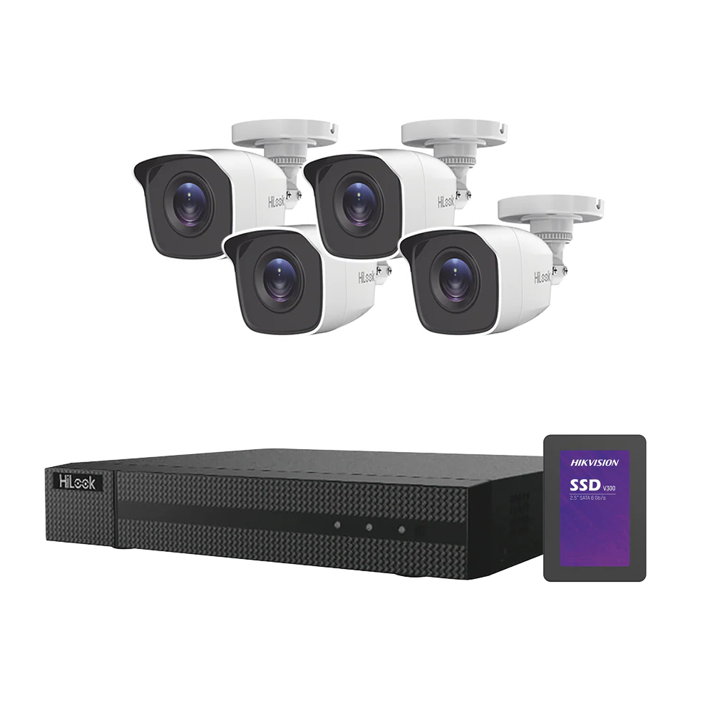 KIT HILOOK TurboHD 1080p + SSD de 1 TB (1024 GB) / DVR 4 canales / 4 Cámaras Bala de Metal / Fuente de Poder / Accesorios de Instalación - HL24LQKITS-M(B)/1TB - HL24LQKITS-M(B)/1TB