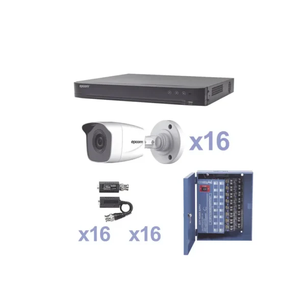 KIT de 16 cámaras EPCOM TurboHD 1080p / DVR 16 Canales / 16 Cámaras Bala (exterior 2.8 mm) / Transceptores / Conectores / Fuente de Poder Profesional