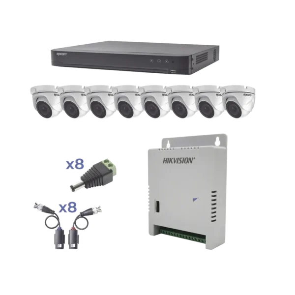 KIT de 8 cámaras TurboHD 1080p / DVR 8 Canales / 8 Cámaras Eyeball (exterior 2.8 mm) / Transceptores / Conectores / Fuente de Poder Profesional hasta 15 Vcc para Larga Distancia
