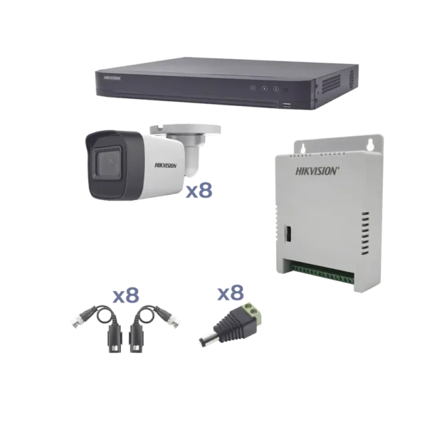 KIT de 8 cámaras TurboHD 1080p / DVR 8 Canales / 8 Cámaras Bala (exterior 2.8 mm) / Transceptores / Conectores / Fuente de Poder Profesional hasta 15 Vcc para Larga Distancia