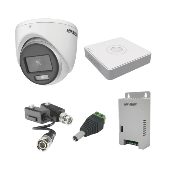 KIT de 4 cámaras HIKVISION COLORVU TURBOHD 1080pLite / DVR 4 Canales / 4 Cámaras Eyeball (exterior) / Transceptores / Conectores / Fuente de Poder Profesional