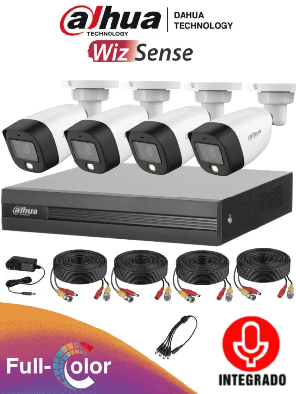 Kit de 4 cámaras DAHUA Full Color de 2 Megapíxeles con Audio DVR Cooper-I WizSense Con IA 4 Ch + 1 IP 4 Ch SMD Plus Accesorios Incluidos