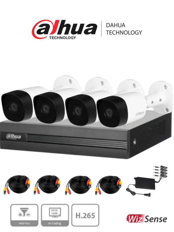Kit de 4 cámaras DAHUA de 5 Megapíxeles DVR Cooper-I WizSense Con IA H.265+ 4 Cámaras B2A51 Metálicas 4 Canales + 1 IP o Hasta 5 Canales IP 4 Canales SMD Plus Búsqueda de Humanos y Vehículos