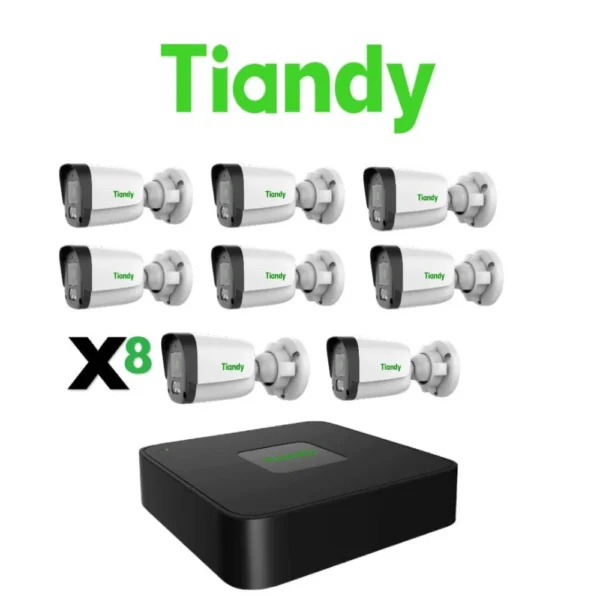 Kit de 8 Cámaras / NVR Tiandy 8 Canales H.265 POE/ 8 Cámaras Bala Lente Fijo 2MP IP - 2.8MM - IR 30M - Metal y Policarbonato - Micrófono - POE - IP67