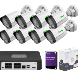 Kit de 8 Canales 2mp / Incluye DD 2TB y 100m de cable UTP / NVR Tiandy 8 Canales 8 entradas IP POE/ 8 Cámaras Bala Lente Fijo 2MP IP - 2.8MM - IR 30M - Micrófono - POE - IP67