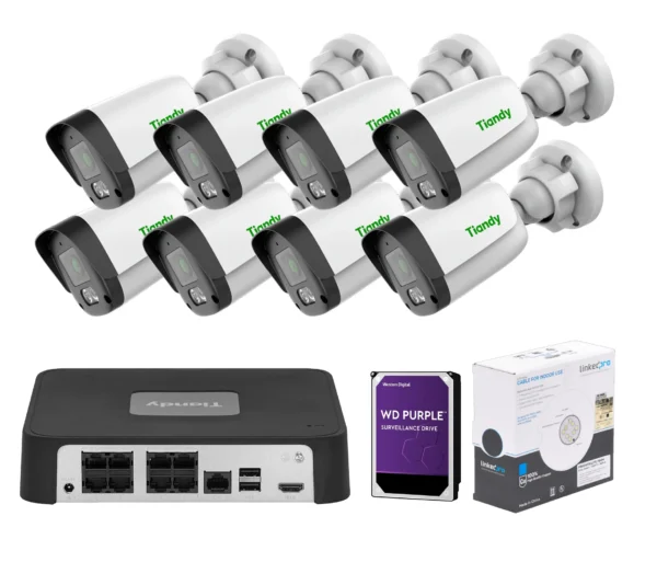 Kit de 8 Canales 2mp / Incluye DD 2TB y 100m de cable UTP / NVR Tiandy 8 Canales 8 entradas IP POE/ 8 Cámaras Bala Lente Fijo 2MP IP - 2.8MM - IR 30M - Micrófono - POE - IP67