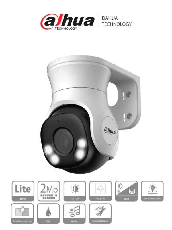 Cámara DAHUA PT de 2 Megapíxeles HDCVI Full Color Lente de 2.8 mm 106 Grados de Apertura Micrófono Integrado 40 Metros de Iluminación LED Super Adapt WDR Real de 130 dB IP66