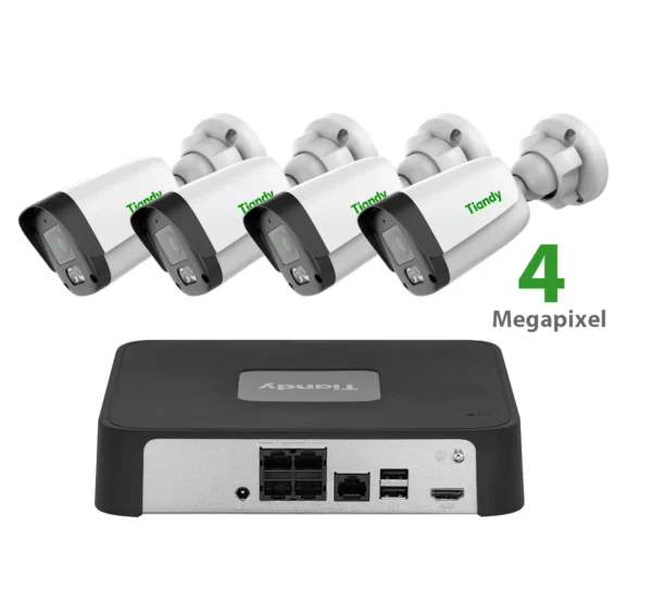 Kit de 4 Canales 4 Megapíxel / NVR Tiandy 4 Canales 4 entradas IP POE/ 4 Cámaras Bala Lente Fijo 4MP IP - 2.8MM - IR 30M - Micrófono - POE - IP67