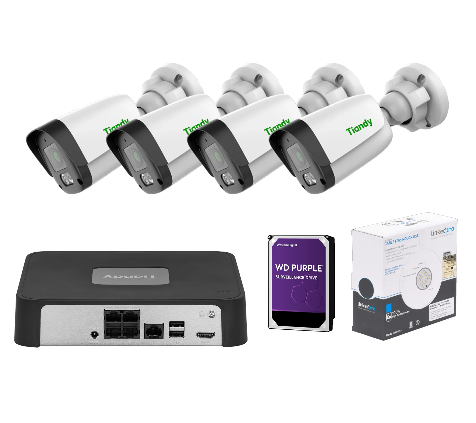 Kit de 4 Camaras Tiandy 4mp colormaker / Incluye DD 2TB y 100m de cable UTP / NVR Tiandy 4 Canales 4 entradas IP POE/ 4 Cámaras Bala Lente Fijo 4MP IP - 2.8MM - IR 30M - Micrófono - POE - IP67