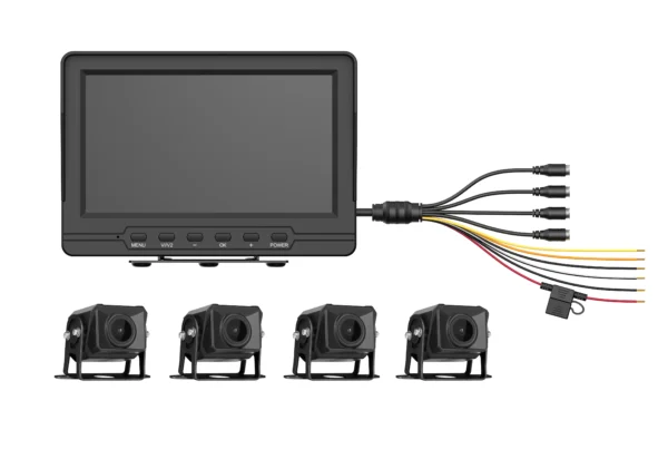 Sistema de Monitoreo Local / 4 Cámaras 1080p para Exterior (IP68) y Pantalla LCD de 7" a Color / Memoria Micro SD de 64 GB (Expandible a 512 GB) / Soporta Cambio de Cámara al Dar Reversa al Vehículo / Accesorios de Instalación AE-VD2501A-A