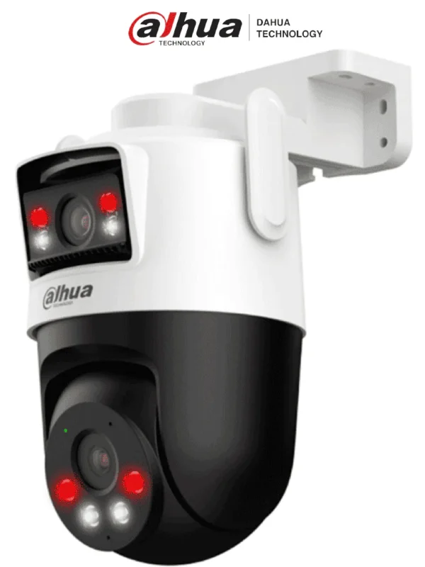 Cámara DAHUA IP PT Wifi Dual de 10 MP, 2 Lentes de 5 MP cada uno (Fijo y PT), Iluminador Dual Inteligente/ IR de 50m, Micrófono y Altavoz Integrados, IA, Autotracking, Disuasión activa, Ranura MicroSD, IP66
