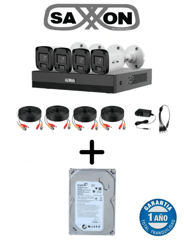 Kit 4 Camaras SAXXON HDCVI 1080P/ 4 Cámaras B20P 2.8mm Apertura Hasta 100°/ Grabador Soporta Hasta 5 Canales IP y Detección de Movimiento Inteligente/ Policarbonato +HDD 500GB