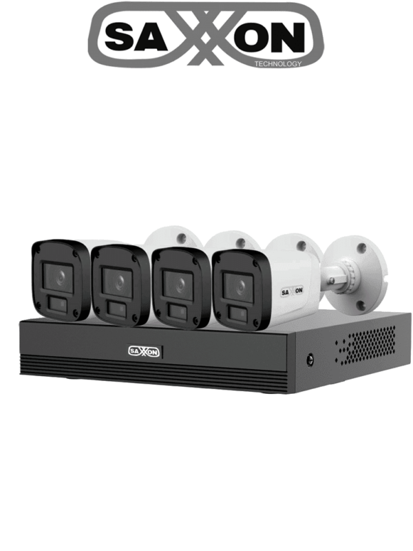 Kit de 4 Canales SAXXON HDCVI Cámaras B10P de 1MP 720P Lente de 2.8mm Con Apertura de Hasta 100° Grabador de 4 Canales con Detección de Movimiento Inteligente Entradas y Salidas de Audio - SUA-KIT/XVR1E04-I/4-B10P-0280B