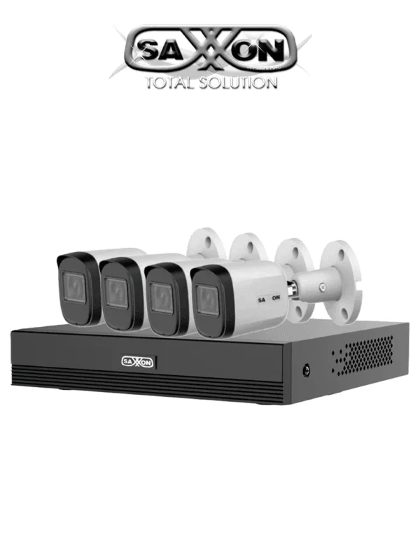 Kit de 4 Camaras SAXXON  HDCVI 1080P 4 Cámaras B20M de 2.8mm con Campo de Visión de Hasta 100° Grabador Soporta Hasta 5 Canales IP y Detección de Movimiento Inteligente Cámaras Fabricadas en Metal de Alta Calidad- SUA-KIT/XVR1E04-I/4-B20M-0280B