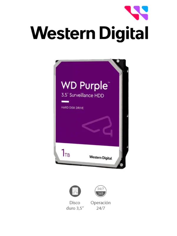 Disco Duro de 1TB Purple Especial Para Videovigilancia Trabajo 247 Interface: Sata 6 Gbs Hasta 64 Cámaras Hasta 8 Bahías de Discos Duros 3 Años de Garantía - WD11PURZ