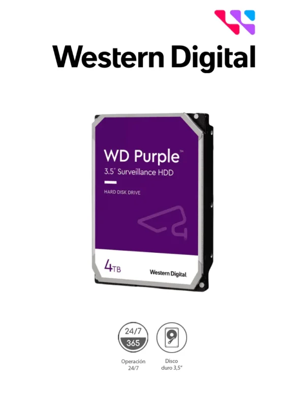 Disco Duro de 4TB Purple Especial para Videovigilancia Trabajo 247 Interface: Sata 6 Gbs Hasta 64 Cámaras Hasta 16 Bahías de Discos Duros 180MbS 3 Años de Garantía - WD43PURZ