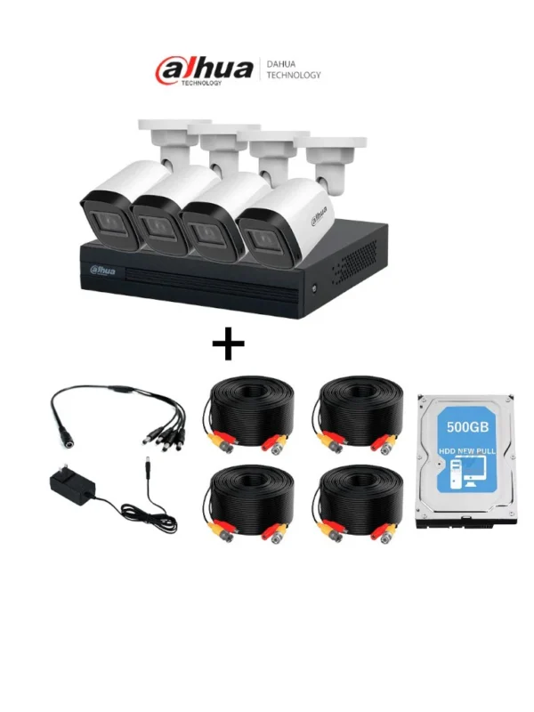 Kit de 4 Camaras DAHUA de 2 Megapíxeles +500gb / DVR Cooper-I WizSense con IA/ Compresión H.265+/ 4 cámaras B1A21NU028B/ 4 CH + 1 IP o hasta 5 IP/ Incluye 4 Cables DH-PFM942I-20-5/ SMD Plus y Búsqueda de Humanos