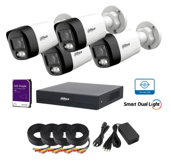 Kit 4 cámaras audio 2 vías 2mp 1080p dual light coaxiales 20m DVR 4 canales Dahua DD 1TB