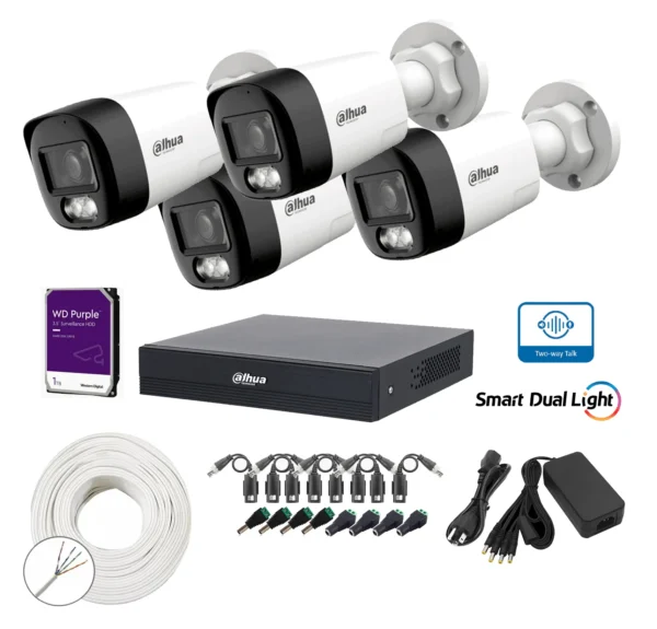 Kit 4 cámaras DAHUA audio 2 vías 2mp 1080p dual light transceptores 100m UTP DVR 4 canales Dahua DD 1TB